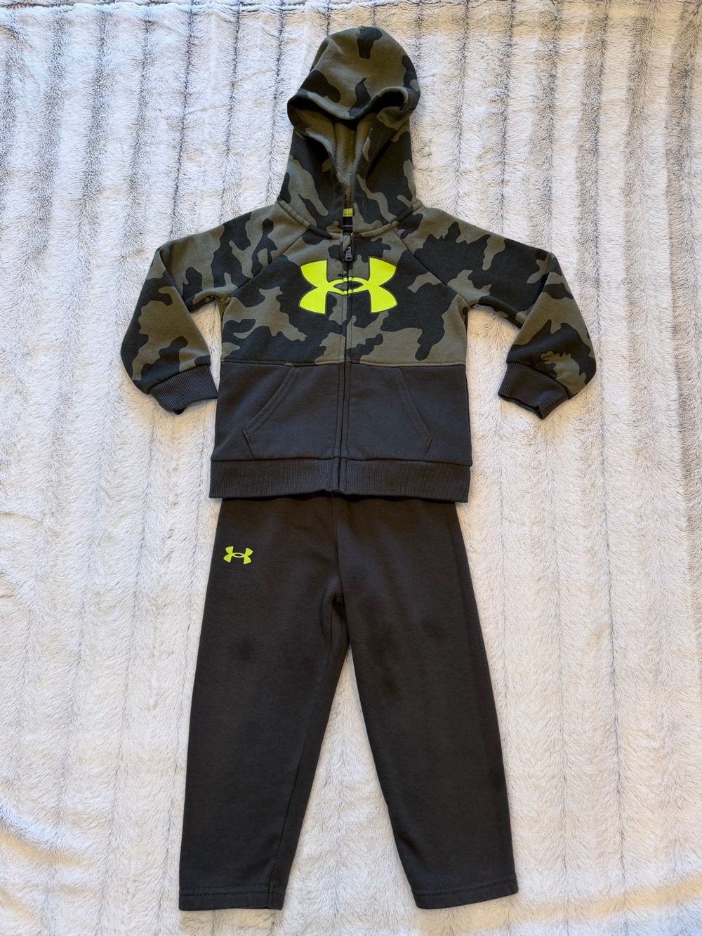 Under Armour Boys Camo Hoodie and Black Joggers with Neon Yellow Logo